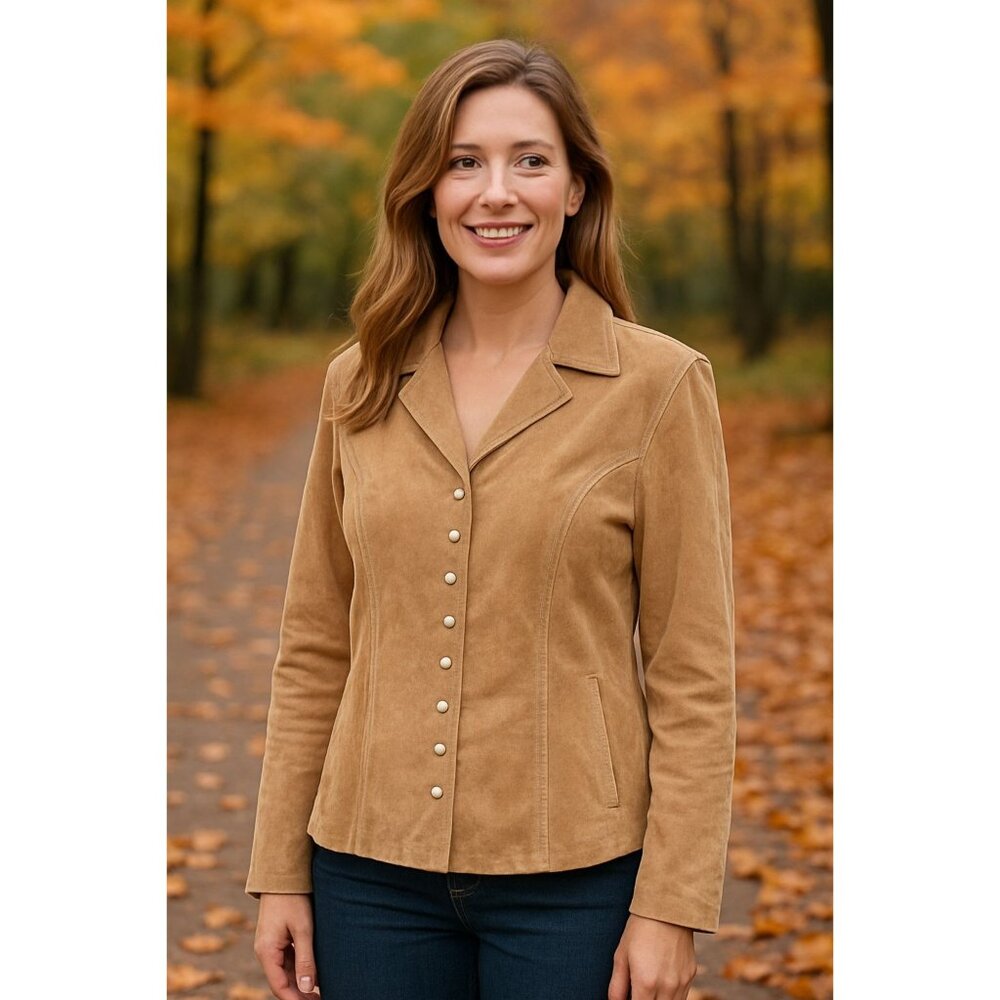 Coldwater Creek Suede Leather Jacket 1X Tan Button Front Western Boho Y2K